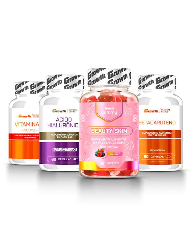 Kit Beauty Skin Gummy 30un, Ácido Hialurônico 60caps, Betacaroteno 60soft e Vitamina C 500mg 120comp