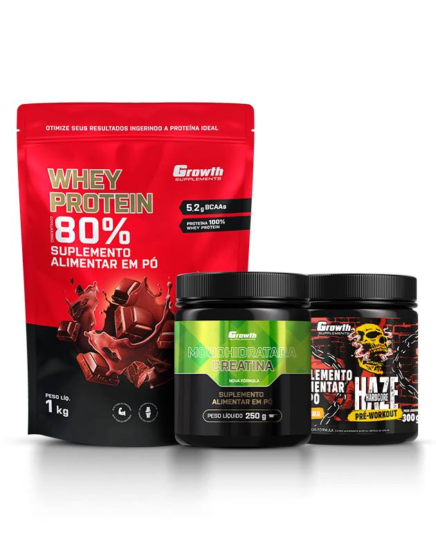 Kit Whey Protein Concentrado 1kg, Creatina Monohidratada 250g e Pré-Treino Haze Laranja 300g
